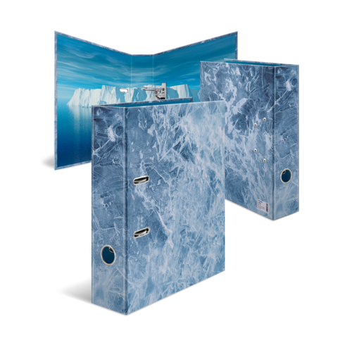 Ordner mit einem Design, das Eisberge und gefrorenes Wasser darstellt, in blauen und weißen Farbtönen.