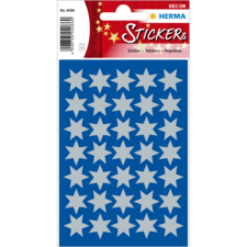 Blauer Stickerbogen mit 36 grauen Sternen in verschiedenen Größen. Ideal für Dekoration und Bastelprojekte.