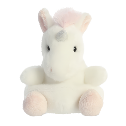 Plüsch-Einhorn mit rosa Mähne und grauem Horn, sitzt aufrecht mit einem freundlichen Ausdruck.