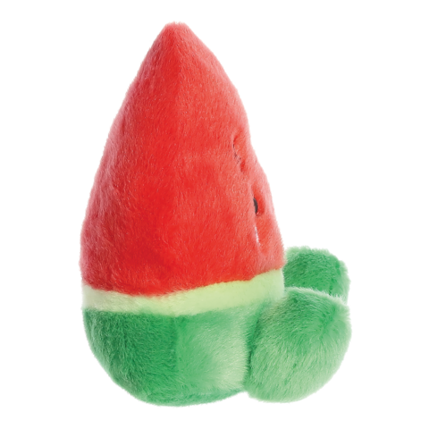 Plüschfigur in Form einer Wassermelone mit rotem Oberteil und grünem Boden, die eine fruchtige und verspielte Darstellung zeigt.