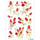 Rote Rosen in verschiedenen Anordnungen, umgeben von grünen Spiralen und rosa Punkten, auf einem weißen Hintergrund.
