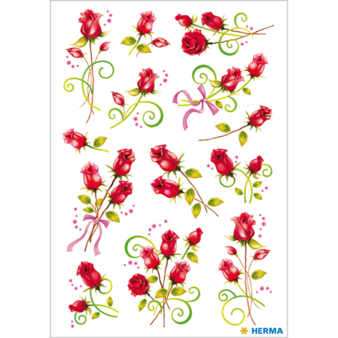 Rote Rosen in verschiedenen Anordnungen, umgeben von grünen Spiralen und rosa Punkten, auf einem weißen Hintergrund.
