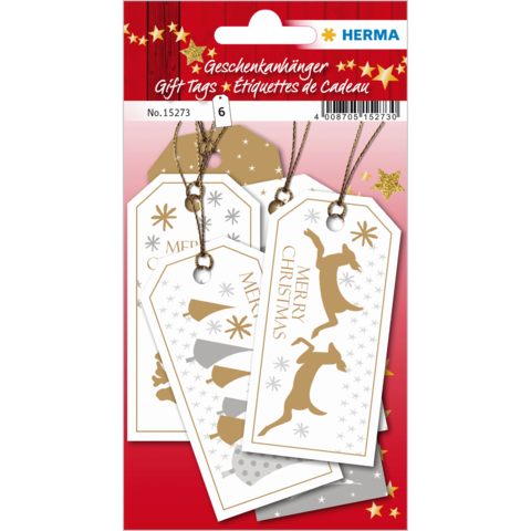 Geschenkanhänger in verschiedenen Designs, darunter "Frohe Weihnachten" und stilisierte Rehe, auf rotem Hintergrund.