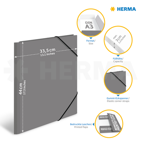 Graues A3-Ordner mit elastischen Ecken, 3 cm Füllhöhe und bedruckten Laschen, präsentiert von HERMA.
