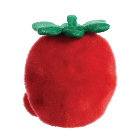 Runde, rote Plüschtomate mit grünen Blättern oben.