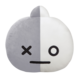 Rundes Kissen in zwei Farben, grau und weiß, mit einem minimalistischen Gesicht: ein Auge, ein strichförmiger Mund und ein Kreuzsymbol.