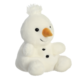 Plüschschneemann mit orangefarbener Nase, schwarzen Knöpfen und einem weißen Pompon auf dem Kopf, sitzt aufrecht.