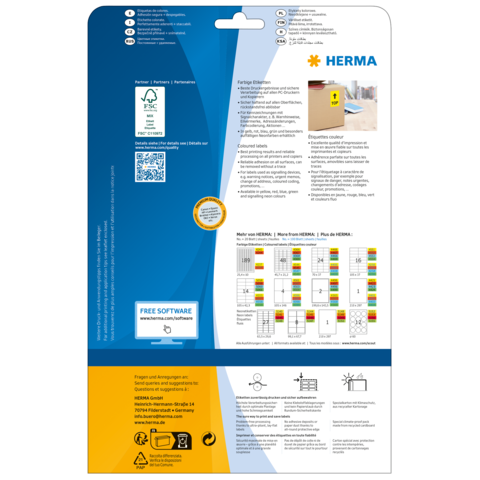 Verpackungsrückseite mit Informationen zu HERMA-Etiketten, einschließlich Anleitungen, Softwarehinweisen und Farbcodierungen für Etiketten.