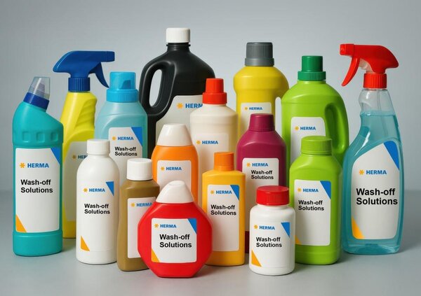 Verschiedene Flaschen mit Reinigungsmitteln und Lösungen, gekennzeichnet mit "Wash-off Solutions" und dem Logo von HERMA.