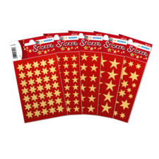 Rote Aufkleber mit goldenen Sternen in verschiedenen Größen, verpackt in fünf Bögen. Ideal für Bastelprojekte oder Belohnungen.