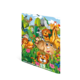 Bunte Tierillustration mit verschiedenen Tieren wie Löwen, Giraffen, Affen und Tigern in einer blühenden, grünen Landschaft.