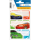 Bunte Etiketten mit verschiedenen Sportwagen-Illustrationen in Blau, Gelb, Orange und Grün, geeignet für Beschriftungen.