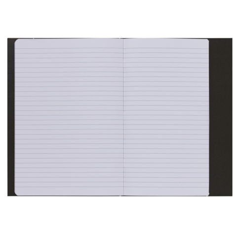 Ein offenes Notizbuch mit liniertem Papier, das leere Seiten zeigt. Die Einbandfarbe ist schwarz.