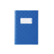Blaues Notizbuch mit einem weißen Etikett auf der Vorderseite, das Platz für eine Beschriftung bietet.
