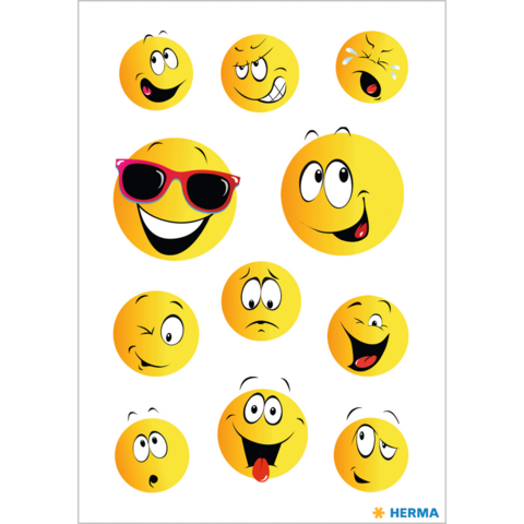 Eine Sammlung von gelben Smileys mit verschiedenen Gesichtsausdrücken, darunter Lächeln, Winken, Traurigkeit und Überraschung.