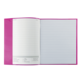 Ein offenes Notizbuch mit liniertem Papier und einer pinken Umschlagfarbe. Einige Tabellen und Felder sind auf der linken Seite sichtbar.