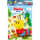 Ein buntes Stickeralbum mit einer fröhlichen Raupe, einer Ameise und einer grünen Käferfigur, umgeben von Blumen und Bienen.