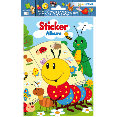 Ein buntes Stickeralbum mit einer fröhlichen Raupe, einer Ameise und einer grünen Käferfigur, umgeben von Blumen und Bienen.