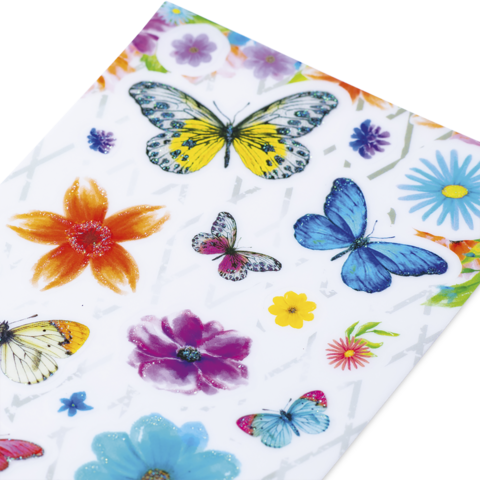 Bunte Aufkleber mit verschiedenen Schmetterlingen und Blumen in lebhaften Farben auf weißem Hintergrund.