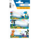 Bunte Aufkleber mit Dinosauriern und Meerestieren, umgeben von Pflanzen und einem Regenbogen. Enthält Platz für Beschriftungen.