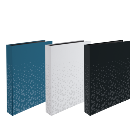 Drei Notizbücher in verschiedenen Farben (blau, weiß, schwarz) mit einem geometrischen Muster auf der Vorderseite.