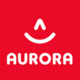 Logo von Aurora mit einem lächelnden Gesicht auf rotem Hintergrund.