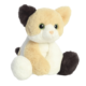 Kuscheltier in Form einer Katze mit braunem, beigem und weißem Fell, großen Augen und einem runden Körper.
