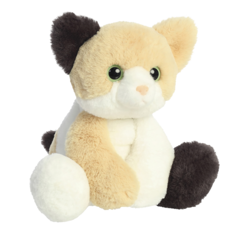 Kuscheltier in Form einer Katze mit braunem, beigem und weißem Fell, großen Augen und einem runden Körper.