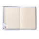 Ein offenes, leeres Notizbuch mit blauen Einband und zwei leeren Seiten. Ein Etikett ist auf der linken Innenseite sichtbar.