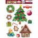 Weihnachtliche Fensterdekoration mit einem Tannenbaum, Geschenken, Süßigkeiten, einem Lebkuchenhaus und weiteren festlichen Motiven.
