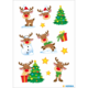 Weihnachtliche Aufkleber mit Rentieren, Tannenbäumen, Geschenken, einem Schneemann und Sternen in bunten Farben.
