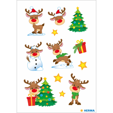 Weihnachtliche Aufkleber mit Rentieren, Tannenbäumen, Geschenken, einem Schneemann und Sternen in bunten Farben.