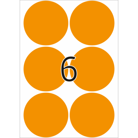 Sechs orangefarbene Kreise auf weißem Hintergrund, mit der Zahl 6 in der Mitte.
