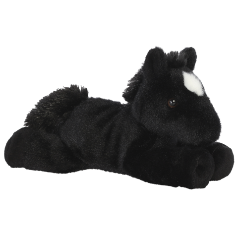 Schwarzes Plüschpferd mit weißen Abzeichen, in liegender Position. Weiches Material und detaillierte Gesichtszüge.