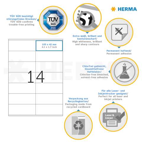 TÜV SÜD bestätigt störungsfreies Drucken. Haftetiketten, chlorfrei gebleicht, für Laser- und Inkjetdrucker geeignet. Verpackung aus Recyclingkarton.