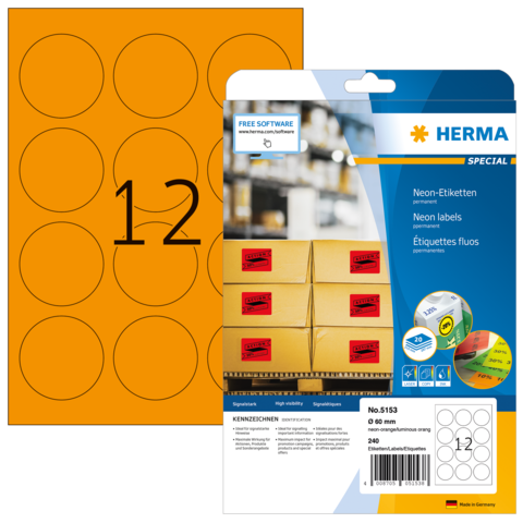 Neon-Etiketten auf einem Bogen mit orangefarbenen Kreisen, verpackt in einer transparenten Hülle mit der Aufschrift "12" und Produktdetails.