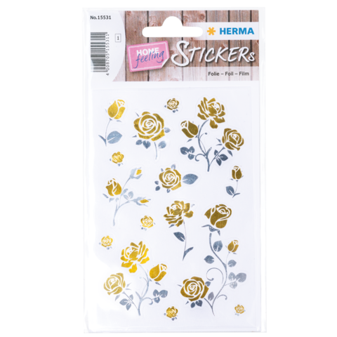 Aufkleber mit goldenen Rosenmotiven auf weißem Hintergrund, verpackt in einer transparenten Folie.