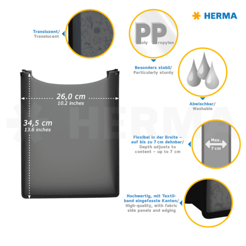 Transparente PP-Tasche mit den Maßen 26 cm x 34,5 cm, flexibel bis 7 cm, waschbar und stabil, mit textilbeschichtetem Rand.