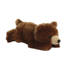 Brauner Plüschbär, der auf dem Bauch liegt, mit einem runden Kopf und großen Augen.