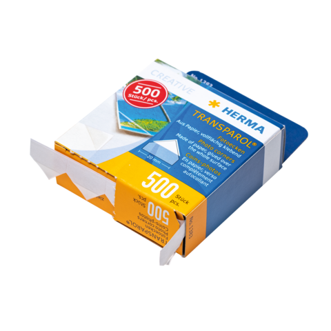 Packung mit 500 transparenten Etiketten von Herma, geeignet für verschiedene Anwendungen, mit einer blauen und gelben Verpackung.