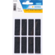 Acht schwarze Filzgleiter in rechteckiger Form, verpackt auf einer Blisterkarte. Maße: 15x45 mm.