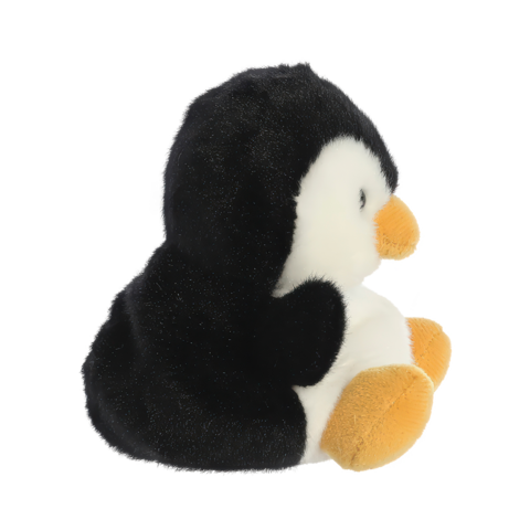 Plüsch-Pinguin mit schwarzem Körper, weißem Bauch und orangefarbenem Schnabel, seitlich dargestellt.
