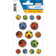 Bogen mit verschiedenen Fußball-Stickern in verschiedenen Farben und Designs, einschließlich Blau, Grün, Gelb, Orange und Rot.