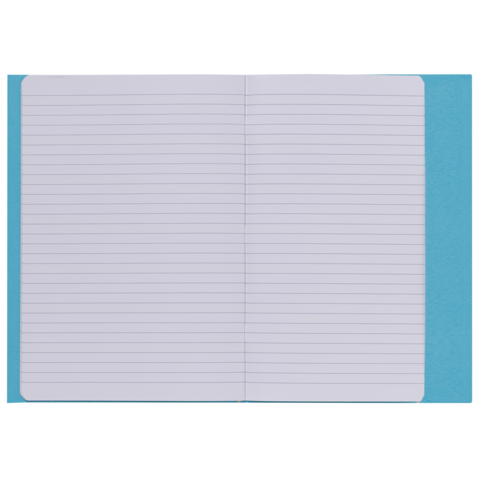Ein offenes Notizbuch mit linierten Seiten und einem blauen Umschlag. Die Seiten sind leer und bereit zum Schreiben.