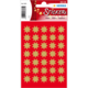 Rote Stickerkarte mit goldenen Sternen in verschiedenen Größen, geeignet für Dekoration und Bastelprojekte.