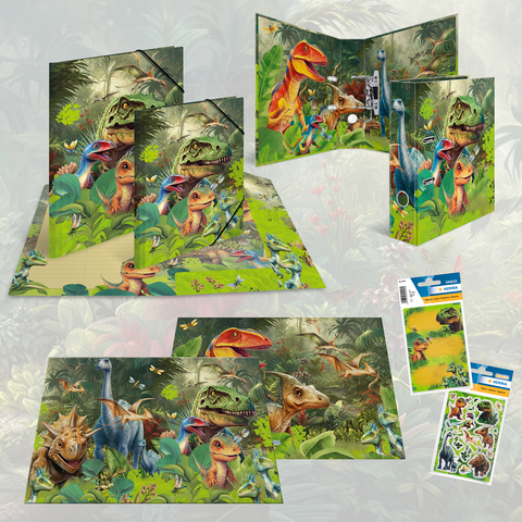 Dinosaurier-Themenordner und -mappen mit bunten Illustrationen von verschiedenen Dinosauriern in einer Dschungelumgebung.