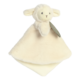Plüschschaf mit einer Decke, das eine weiche, cremefarbene Textur hat und kleine Ohren sowie einen freundlichen Gesichtsausdruck zeigt.