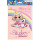 Ein Mädchen mit einer Krone umarmt ein Einhorn vor einem bunten Regenbogen. Oben steht "Sticker Album".