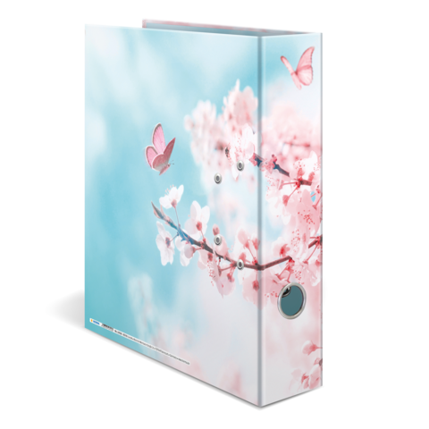 Ein Ordner mit einem blauen Hintergrund, verziert mit rosa Blüten und Schmetterlingen.