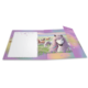 Ein Notizbuch mit einem bunten Cover, das ein Einhorn und verschiedene Tiere in einer Wiese zeigt. Links sind leere Notizseiten.